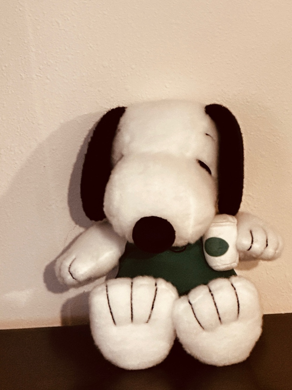 Starbucks x Peanuts Snoopy Plush in Green Barista Apron and plushie coffee.